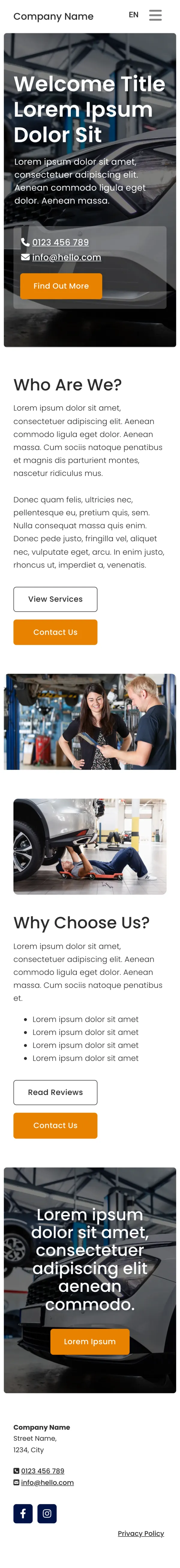 Example website on a phone: a photo banner with a headline, phone number and email, then an introduction, photos, reasons to choose the business and a contact button.